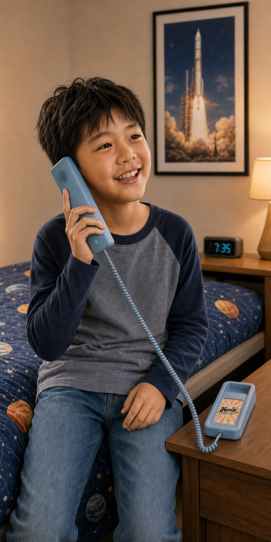 A smiling boy talking on a wall-mounted Sky Blue Homie home phone in a bright, playful kids' bedroom