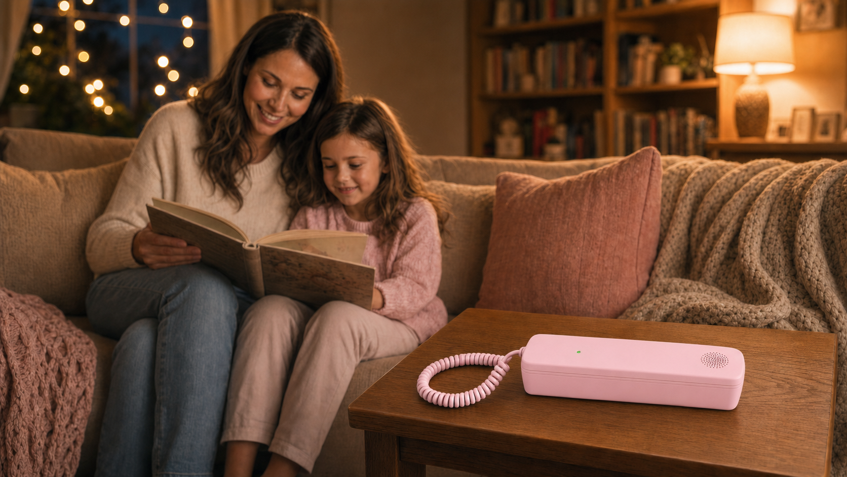 A mother and daughter reading together on the sofa in warm lamplight, the Bubblegum Homie phone resting on the side table